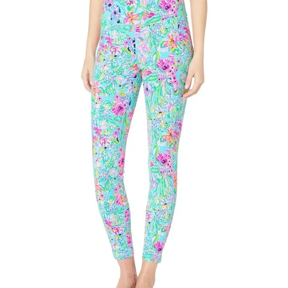 Lilly Pulitzer Leggings Tropical Floral in Aqua and Pink Sz/M - Picture 1 of 7